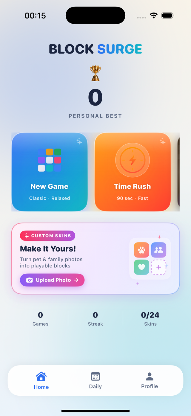 Block Surge home screen with New Game, Time Rush and Custom Skins